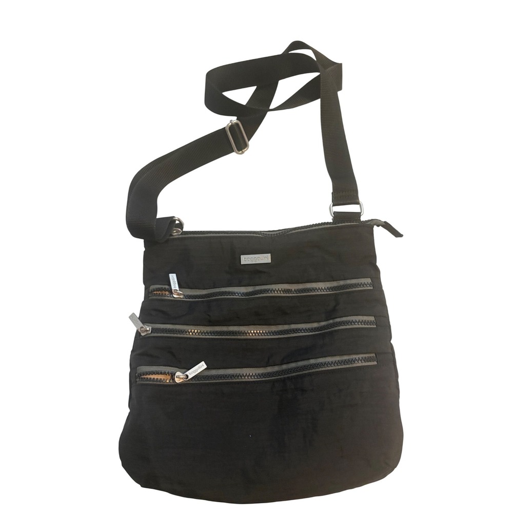 Baggallini Everywhere Crossbody Bag‎ Black Nylon Triple Zip Travel Messenger